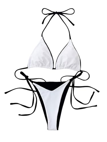 GORGLITTER Bikini Damen Set Triangle Bademode Neckholder Badeanzug Sommer Hohe Taille Tangas Swimsuits Strand Outfits Strandmode Weiß L von GORGLITTER