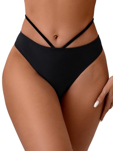 GORGLITTER Bikini High Waist Damen Tanga Bikinihose Cut Out Bikini Unterteil Tanga Sexy Strandhose Bikini Höschen Schwarz M von GORGLITTER