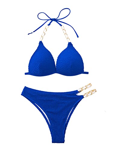 GORGLITTER Bikini Mit Bügel Damen Neckholder Bikini Set Triangel Bikini Mit Kette Cut Out Bikini Sexy Bademode Zweiteiliger Badeanzug Blau M von GORGLITTER