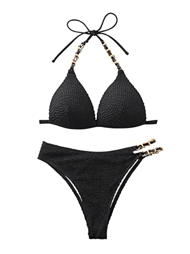 GORGLITTER Bikini Mit Bügel Damen Neckholder Bikini Set Triangel Bikini Mit Kette Cut Out Bikini Sexy Bademode Zweiteiliger Badeanzug Schwarz M von GORGLITTER