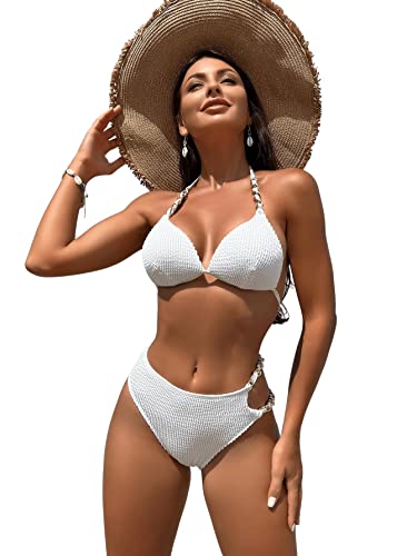 GORGLITTER Bikini Mit Bügel Damen Neckholder Bikini Set Triangel Bikini Mit Kette Cut Out Bikini Sexy Bademode Zweiteiliger Badeanzug Weiß L von GORGLITTER