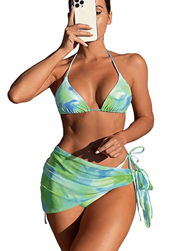 GORGLITTER Bikini Mit Rock Damen Set 3 Teilig Bikini Sets Sexy Neckholder Bikini Oberteil Bikini Bunt Batik Minzgrün L von GORGLITTER