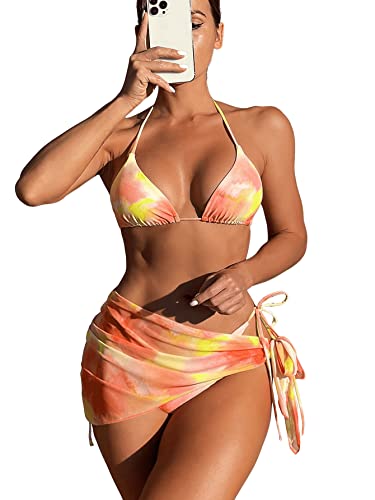 GORGLITTER Bikini Mit Rock Damen Set 3 Teilig Bikini Sets Sexy Neckholder Bikini Oberteil Bikini Bunt Batik Orange L von GORGLITTER