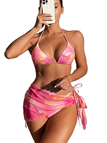 GORGLITTER Bikini Mit Rock Damen Set 3 Teilig Bikini Sets Sexy Neckholder Bikini Oberteil Bikini Bunt Batik Rosa M von GORGLITTER