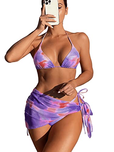 GORGLITTER Bikini Mit Rock Damen Set 3 Teilig Bikini Sets Sexy Neckholder Bikini Oberteil Bikini Bunt Batik Violett L von GORGLITTER