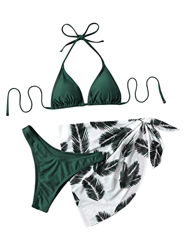 GORGLITTER Bikini Mit Rock Damen Set 3 Teilig Triangel Bikini Set Neckholder Badeanzug Bikini Mit Palme Grün L von GORGLITTER