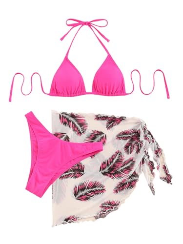 GORGLITTER Bikini Mit Rock Damen Set 3 Teilig Triangel Bikini Set Neckholder Badeanzug Bikini Mit Palme Heißes Pink S von GORGLITTER