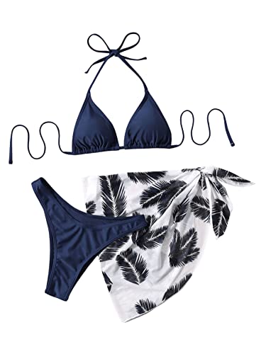 GORGLITTER Bikini Mit Rock Damen Set 3 Teilig Triangel Bikini Set Neckholder Badeanzug Bikini Mit Palme Marineblau M von GORGLITTER