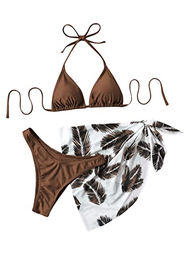 GORGLITTER Bikini Mit Rock Damen Set 3 Teilig Triangel Bikini Set Neckholder Badeanzug Bikini Mit Palme Mokka Braun S von GORGLITTER