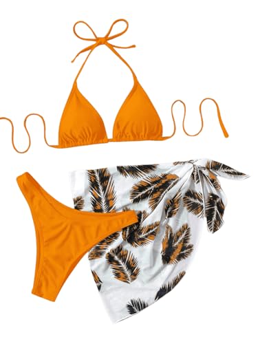 GORGLITTER Bikini Mit Rock Damen Set 3 Teilig Triangel Bikini Set Neckholder Badeanzug Bikini Mit Palme Orange L von GORGLITTER