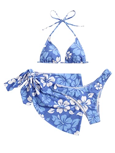 GORGLITTER Bikini Mit Rock Damen Set 3 Teilig Triangel Bikini Sexy Badeanzug Neckholder Bikini Mit Blumen Bademode Swimsuit Blau L von GORGLITTER