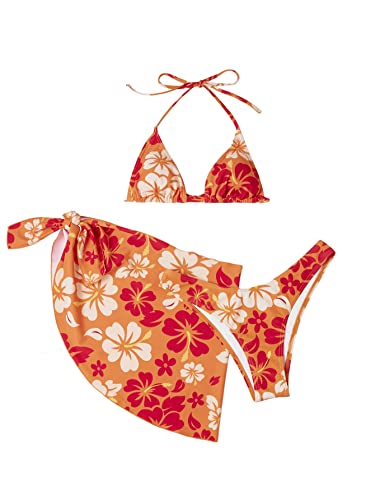 GORGLITTER Bikini Mit Rock Damen Set 3 Teilig Triangel Bikini Sexy Badeanzug Neckholder Bikini Mit Blumen Bademode Swimsuit Orange L von GORGLITTER