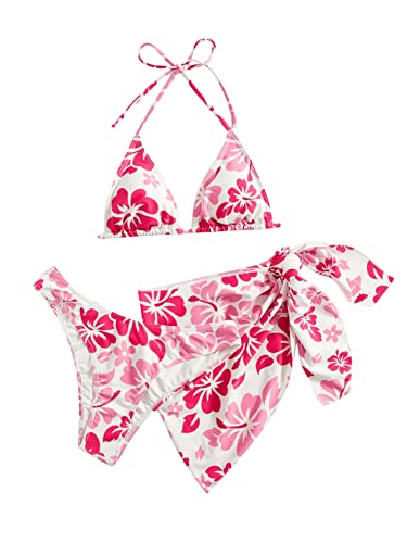 GORGLITTER Bikini Mit Rock Damen Set 3 Teilig Triangel Bikini Sexy Badeanzug Neckholder Bikini Mit Blumen Bademode Swimsuit Rosa M von GORGLITTER