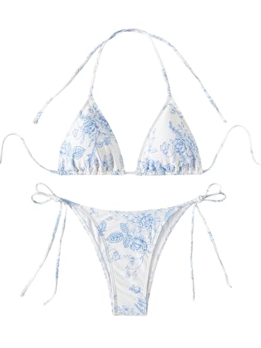 GORGLITTER Bikini Set Damen Blumenmuster Badeanzug Zweiteiler Triangle Bademode Hohe Taille Strandanzug Swimsuits Sommer Strandmode Blau M von GORGLITTER