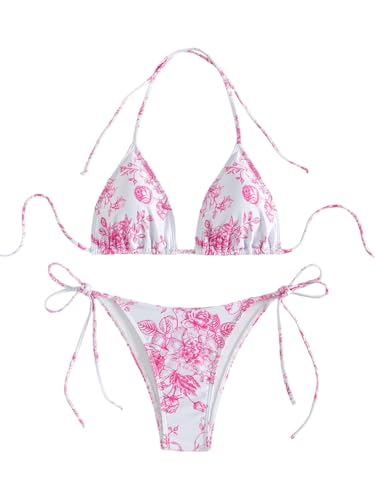 GORGLITTER Bikini Set Damen Blumenmuster Badeanzug Zweiteiler Triangle Bademode Hohe Taille Strandanzug Swimsuits Sommer Strandmode Rosa S von GORGLITTER