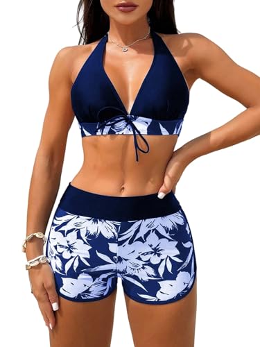 GORGLITTER Bikini Set Damen Neckholder Zweiteiler Badeanzug Tropisch Bademode Swimsuits Boho Sommer Strandmode Hohe Taille Blau S von GORGLITTER