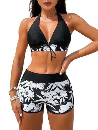 GORGLITTER Bikini Set Damen Neckholder Zweiteiler Badeanzug Tropisch Bademode Swimsuits Boho Sommer Strandmode Hohe Taille Schwarz und Weiß L von GORGLITTER