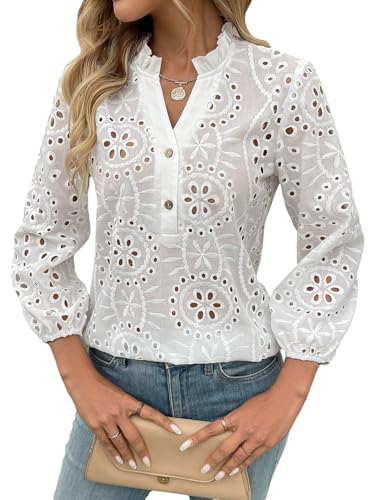 GORGLITTER Bluse Damen Elegant Blusen mit Lochstickerei Langarm Blusenshirt mit Kerbelausschnitt V Ausschnitt Oberteil Lässig Casual Outfit Weiß L von GORGLITTER