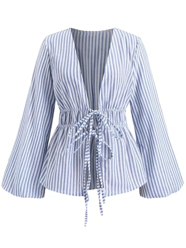 GORGLITTER Bluse Damen Elegant Blusenshirt Blau Weiss Gestreift Musselin Bluse Mit Schleife Vorne Langarm Oberteile Blusentop Modern Damenblusen Business Outfit Blau M von GORGLITTER