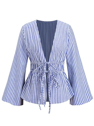 GORGLITTER Bluse Damen Elegant Blusenshirt Blau Weiss Gestreift Musselin Bluse Mit Schleife Vorne Langarm Oberteile Blusentop Modern Damenblusen Business Outfit Königsblau M GORGLITTER Bluse Damen Elegant Blusenshirt Blau Weiss Gestreift Musselin Bluse Mit Schleife Vorne Langarm Oberteile Blusentop Modern Damenblusen Business Outfit Königsblau M von GORGLITTER