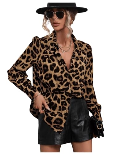 GORGLITTER Bluse Damen Elegant Blusenshirt Langarm Hemdbluse mit Leopardmuster Freizeitshirt Business Outfit Braun XS von GORGLITTER