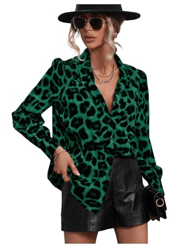 GORGLITTER Bluse Damen Elegant Blusenshirt Langarm Hemdbluse mit Leopardmuster Freizeitshirt Business Outfit Dunkelgrün XL von GORGLITTER
