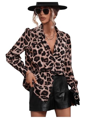 GORGLITTER Bluse Damen Elegant Blusenshirt Langarm Hemdbluse mit Leopardmuster Freizeitshirt Business Outfit Khaki L von GORGLITTER