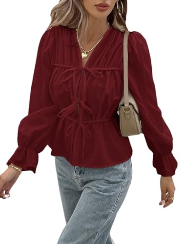 GORGLITTER Bluse Damen Elegant Blusenshirt mit Schnürung vorne Oberteil mit Schleife Schößchen Volant Ärmel Langarm Hemdbluse Rüschenbluse Bordeaux L von GORGLITTER