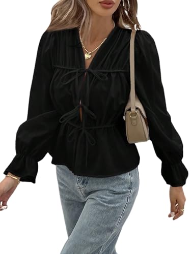 GORGLITTER Bluse Damen Elegant Blusenshirt mit Schnürung vorne Oberteil mit Schleife Schößchen Volant Ärmel Langarm Hemdbluse Rüschenbluse Schwarz L von GORGLITTER
