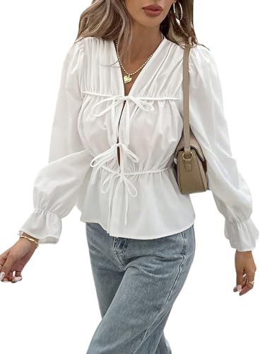 GORGLITTER Bluse Damen Elegant Blusenshirt mit Schnürung vorne Oberteil mit Schleife Schößchen Volant Ärmel Langarm Hemdbluse Rüschenbluse Weiß M GORGLITTER Bluse Damen Elegant Blusenshirt mit Schnürung vorne Oberteil mit Schleife Schößchen Volant Ärmel Langarm Hemdbluse Rüschenbluse Weiß M von GORGLITTER