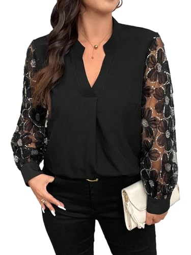 GORGLITTER Bluse Damen Elegant Bluseshirt Große Größen Oberteil Tunika mit Mesh Bishop Ärmel Langarmshirt Hemdshirt Herbst Casualshirt Schwarz 3XL von GORGLITTER