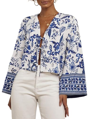GORGLITTER Bluse Damen Elegant Damenbluse Langarm Bluseshirts mit Schleife Vorn V Ausschnitt Oberteil mit Blumen Muster Boho Blusen Blau und Weiß S von GORGLITTER