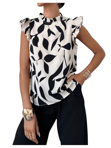 GORGLITTER Bluse Damen Elegant Kurzarm Rüschenbluse Blusenshirt Mit Blumen Blusentop Sommerbluse Ärmellose Bluse Mit Stehkragen Going Out Top Schwarz und Weiß S von GORGLITTER