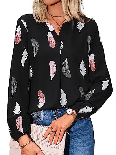 GORGLITTER Bluse Damen Elegant Langarm Blusenshirt Bluse Mit Federn Lockeres Blusentop Bluse Oberteil Büro Bluse Schwarz L von GORGLITTER