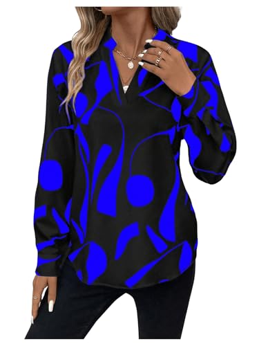 GORGLITTER Bluse Damen Elegant Langarm Blusenshirt V Ausschnitt Bluse Langarmshirt Büro Tunika Tops Blau XXL von GORGLITTER