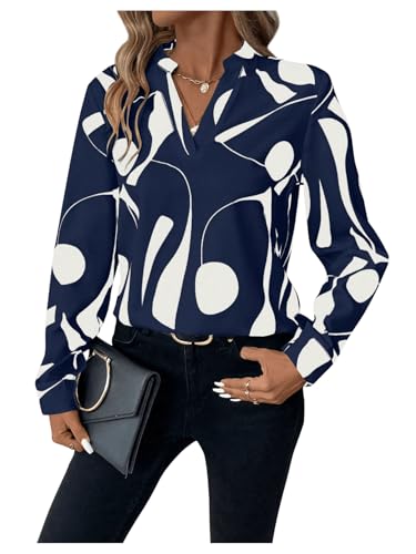 GORGLITTER Bluse Damen Elegant Langarm Blusenshirt V Ausschnitt Bluse Langarmshirt Büro Tunika Tops Dunkelblau XXL von GORGLITTER
