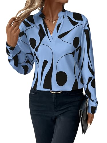 GORGLITTER Bluse Damen Elegant Langarm Blusenshirt V Ausschnitt Bluse Langarmshirt Büro Tunika Tops Graublau M von GORGLITTER