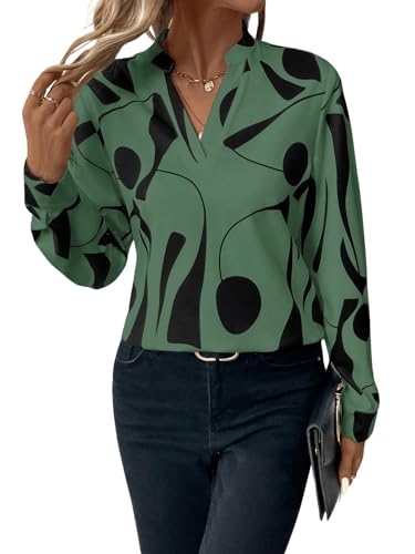 GORGLITTER Bluse Damen Elegant Langarm Blusenshirt V Ausschnitt Bluse Langarmshirt Büro Tunika Tops Olivgrün XL von GORGLITTER