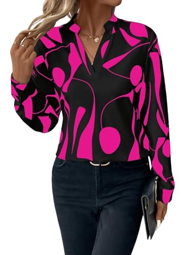 GORGLITTER Bluse Damen Elegant Langarm Blusenshirt V Ausschnitt Bluse Langarmshirt Büro Tunika Tops Schwarz und Rosa M von GORGLITTER