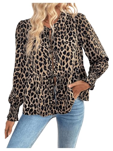 GORGLITTER Bluse Damen Elegant Langarm Leo Oberteil Bluse Mit Schleife Blusenshirt Leo Print Damenblusen Rüschenbluse Hemdbluse Khaki XXL GORGLITTER Bluse Damen Elegant Langarm Leo Oberteil Bluse Mit Schleife Blusenshirt Leo Print Damenblusen Rüschenbluse Hemdbluse Khaki XXL von GORGLITTER