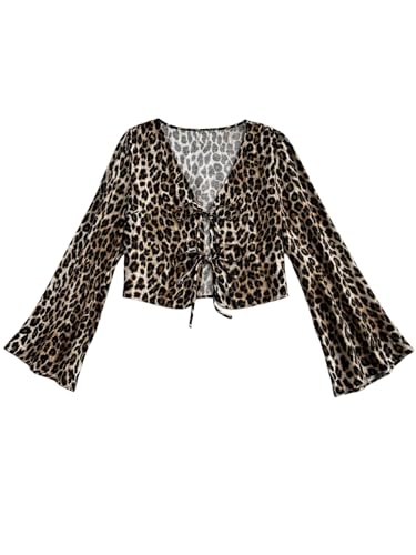 GORGLITTER Bluse Damen Elegant Langarm Leo Oberteil Crop Bluse Mit Schleife Langarmshirt Blusenshirt Leo Print Damenblusen Leoparden S von GORGLITTER
