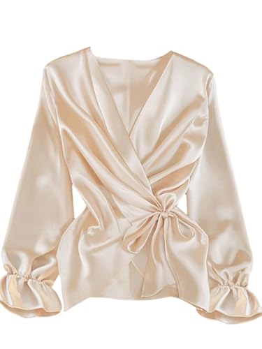 GORGLITTER Bluse Damen Elegant Satinbluse Tiefer V Ausschnitt Wickelnbluse Langarm Oberteil Tunika Einfarbig Office Freizeitshirt Champagnerfarben XS GORGLITTER Bluse Damen Elegant Satinbluse Tiefer V Ausschnitt Wickelnbluse Langarm Oberteil Tunika Einfarbig Office Freizeitshirt Champagnerfarben XS von GORGLITTER