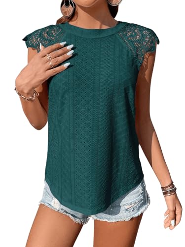 GORGLITTER Bluse Damen Elegant Sommer Bluse Mit Spitze Bluse Mit Schleife Öse Stickerei Bluse Spitzenbluse Top Dunkelgrün L von GORGLITTER