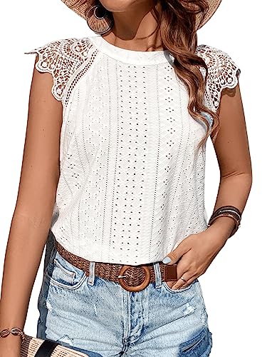 GORGLITTER Bluse Damen Elegant Sommer Bluse Mit Spitze Bluse Mit Schleife Öse Stickerei Bluse Spitzenbluse Top Weiß XS von GORGLITTER