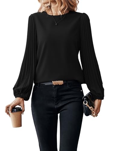 GORGLITTER Bluse Damen Elegant Tunika Office Oberteil mit Falten Laternenärmeln Blusetop Hemdbluse Rundhals Langarmshirt Schwarz S von GORGLITTER