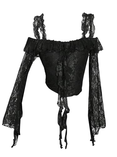 GORGLITTER Bluse Damen Elegant Y2K Schulterfrei Oberteil mit Durchsichtig Spitze Crop Top Langarm Gothic Party Fetsival Outfit Schwarz L von GORGLITTER
