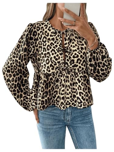 GORGLITTER Bluse Damen Langarm Elegant Bluse Mit Leoprint Blusenshirt Rüschen Oberteil Leo Bluse Mit Schleife Hemdbluse Modern Aprikosenfarben XXL von GORGLITTER