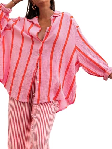GORGLITTER Bluse Damen Langarm Locker Blusen mit Streifen Knöpfleiste Hemdbluse Gestreifte Oberteil mit V-Ausschnitt Casual Freizeit Shirt Herbst Rosa XXL von GORGLITTER