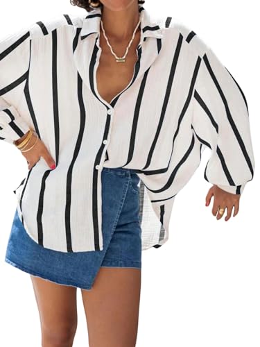 GORGLITTER Bluse Damen Langarm Locker Blusen mit Streifen Knöpfleiste Hemdbluse Gestreifte Oberteil mit V-Ausschnitt Casual Freizeit Shirt Herbst Schwarz und Weiß M von GORGLITTER
