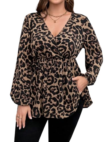 GORGLITTER Bluse Damen Plus Size Damenbluse Elegant Leo Print Blusen Langarm V Ausschnitt Shirt Rüschensaum Oberteil Herbst Outfit Kaffeebraun 2XL GORGLITTER Bluse Damen Plus Size Damenbluse Elegant Leo Print Blusen Langarm V Ausschnitt Shirt Rüschensaum Oberteil Herbst Outfit Kaffeebraun 2XL von GORGLITTER